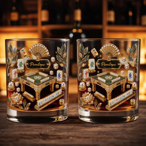 Mahjong Master Game Table With Gold Tiles And Pearls - Personalized Custom Whiskey Glass - HOB219_RWG