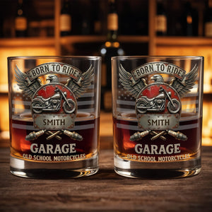 Born To Ride Garage Old School Motorcycles Eagle And Biker Design - Personalized Custom Whiskey Glass - HOB228_RWG