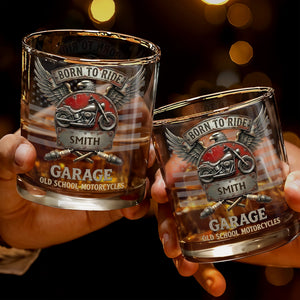 Born To Ride Garage Old School Motorcycles Eagle And Biker Design - Personalized Custom Whiskey Glass - HOB228_RWG