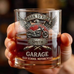 Born To Ride Garage Old School Motorcycles Eagle And Biker Design - Personalized Custom Whiskey Glass - HOB228_RWG