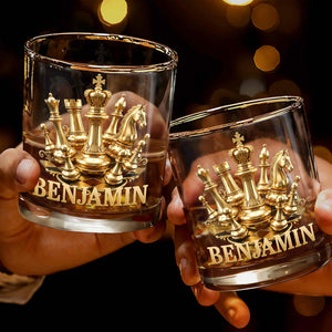 A Classic Match With Gold Chess Pieces And Custom Name - Personalized Custom Whiskey Glass - HOB305_RWG