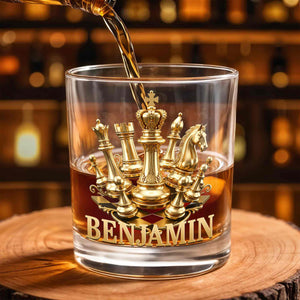 A Classic Match With Gold Chess Pieces And Custom Name - Personalized Custom Whiskey Glass - HOB305_RWG