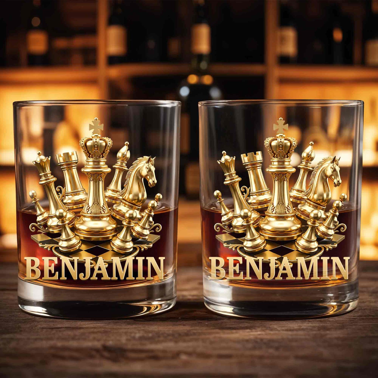 A Classic Match With Gold Chess Pieces And Custom Name - Personalized Custom Whiskey Glass - HOB305_RWG