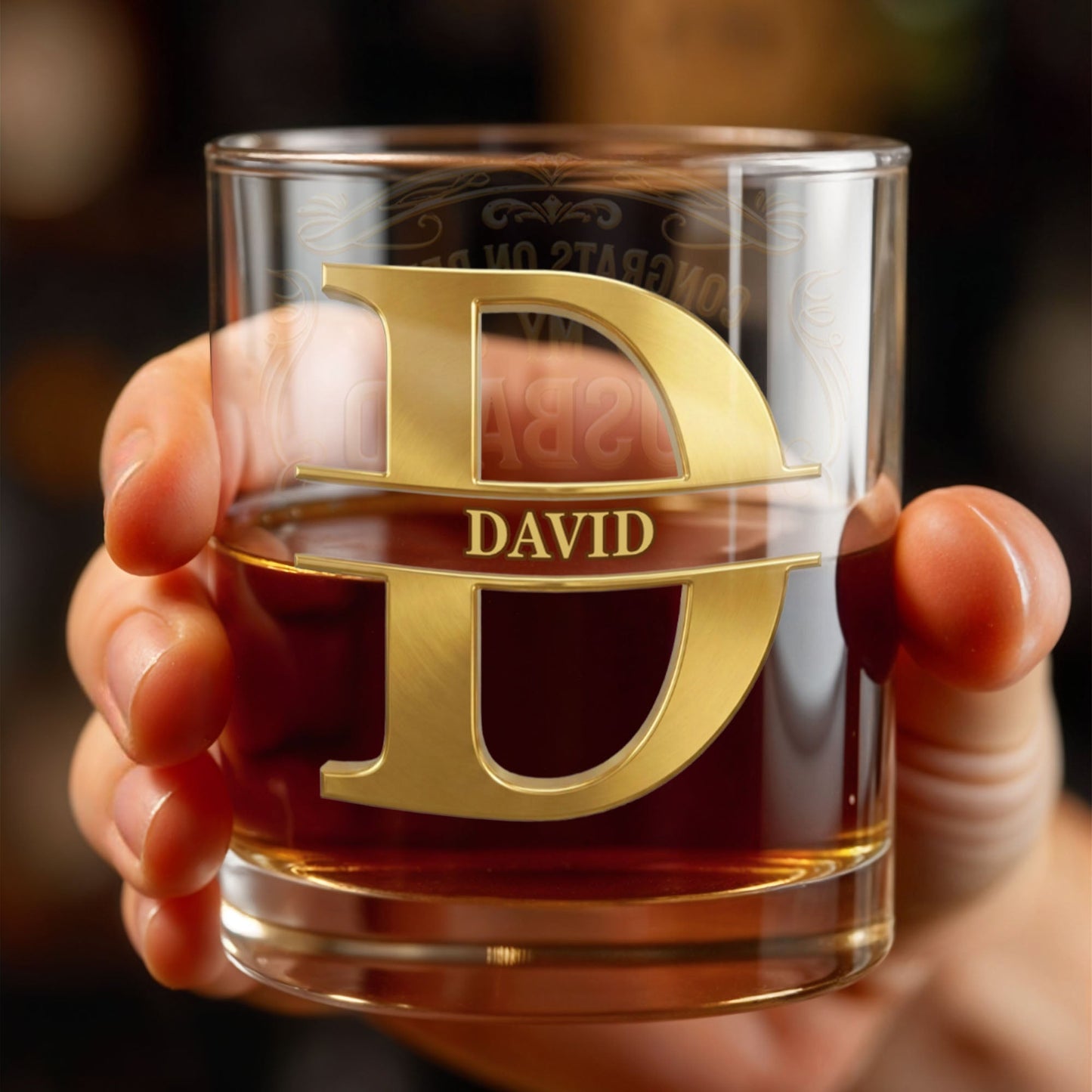 Congrats On Being My Husband Monogram Initial And Ornate Border - Personalized Custom Whiskey Glass - HSB084_RWG