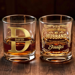 Congrats On Being My Husband Monogram Initial And Ornate Border - Personalized Custom Whiskey Glass - HSB084_RWG
