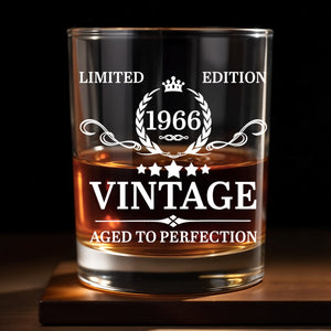 Limited Edition Vintage Aged To Perfection With Crown And Laurel Wreath - Personalized Custom Whiskey Glass - HSB114_RWG