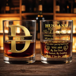 To My Husband Never Forget Personalized Monogram Initial Hearts - Personalized Custom Whiskey Glass - HSB133_RWG