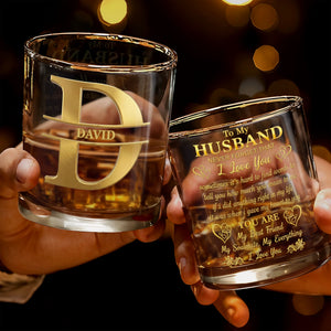 To My Husband Never Forget Personalized Monogram Initial Hearts - Personalized Custom Whiskey Glass - HSB133_RWG