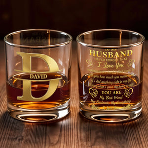 To My Husband Never Forget Personalized Monogram Initial Hearts - Personalized Custom Whiskey Glass - HSB133_RWG