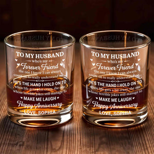 To My Husband Forever Friend Hearts Happy Anniversary - Personalized Custom Whiskey Glass - HSB144_RWG