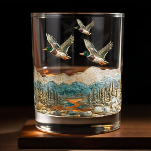 Immerse Yourself In The Tranquility of Nature With Ducks And Mountains - Personalized Custom Whiskey Glass - HTG008_RWG
