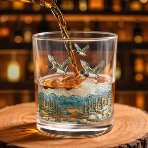 Immerse Yourself In The Tranquility of Nature With Ducks And Mountains - Personalized Custom Whiskey Glass - HTG008_RWG