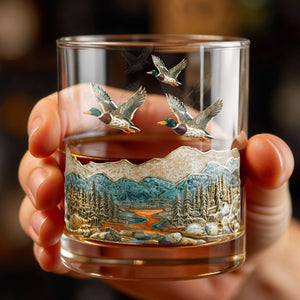 Immerse Yourself In The Tranquility of Nature With Ducks And Mountains - Personalized Custom Whiskey Glass - HTG008_RWG