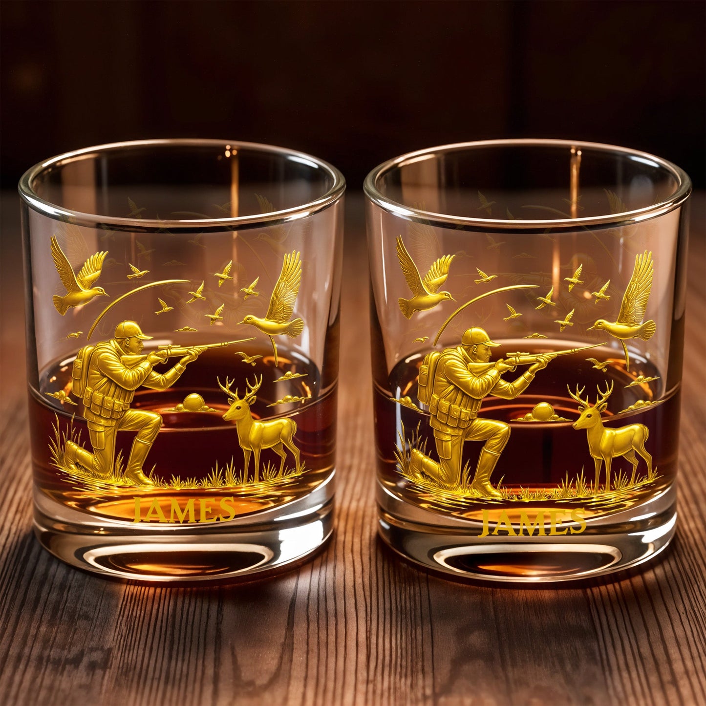 Hunter And Deer Surrounded By Flying Birds - Personalized Custom Whiskey Glass - HTING002_RWG