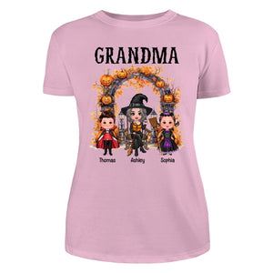 Halloween Grandma Grandkids Pumpkins At Cemetery Personalized Shirt