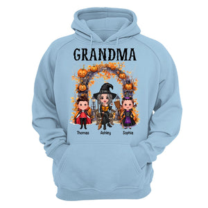 Halloween Grandma Grandkids Pumpkins At Cemetery Personalized Shirt