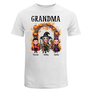 Halloween Grandma Grandkids Pumpkins At Cemetery Personalized Shirt