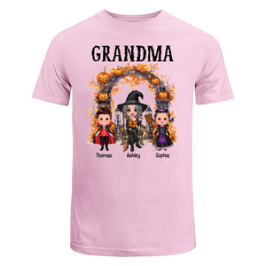 Halloween Grandma Grandkids Pumpkins At Cemetery Personalized Shirt