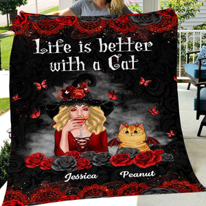 Halloween Roses Cat Mom Witch Personalized Fleece Blanket