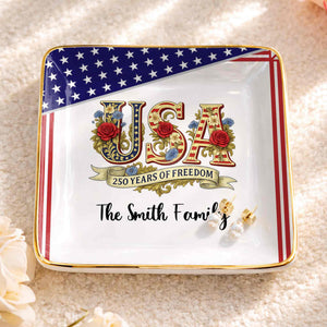 250 Years Of Freedom With Flag And Flowers - Personalized Custom Jewelry Dish, Ceramic Dish, Square Shape - INDE027_SCRF