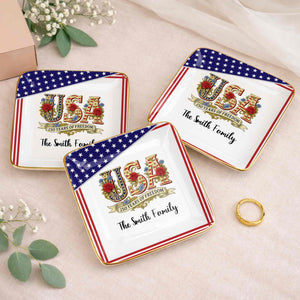 250 Years Of Freedom With Flag And Flowers - Personalized Custom Jewelry Dish, Ceramic Dish, Square Shape - INDE027_SCRF