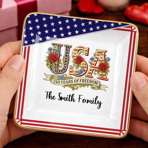 250 Years Of Freedom With Flag And Flowers - Personalized Custom Jewelry Dish, Ceramic Dish, Square Shape - INDE027_SCRF