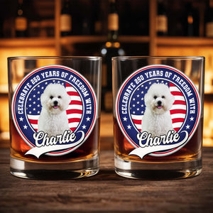 Celebrate Freedom, Customized Whiskey Glass With Dog And Flag - Personalized Custom Whiskey Glass - INDE040_RWG