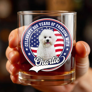 Celebrate Freedom, Customized Whiskey Glass With Dog And Flag - Personalized Custom Whiskey Glass - INDE040_RWG