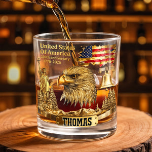 United States Of America Anniversary Patriot Bald Eagle And Flag - Personalized Custom Whiskey Glass - INDE047_RWG