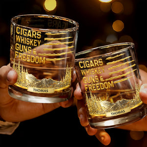 Cigars Whiskey Guns & Freedom Mountains And Pine Trees - Personalized Custom Whiskey Glass - INDE055_RWG