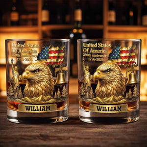 United States Of America 250th Anniversary Eagle And Flag - Personalized Custom Whiskey Glass - INDE129_RWG