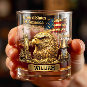 United States Of America 250th Anniversary Eagle And Flag - Personalized Custom Whiskey Glass - INDE129_RWG
