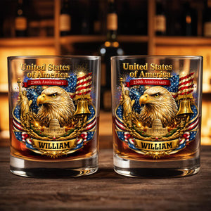 United States Of America Anniversary Eagle Flag And Liberty Bell - Personalized Custom Whiskey Glass - INDE188_RWG