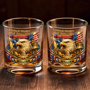 United States Of America Anniversary Eagle Flag And Liberty Bell - Personalized Custom Whiskey Glass - INDE188_RWG