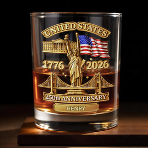 United States 250th Anniversary With Statue Of Liberty And American Flag - Personalized Custom Whiskey Glass - INDE214_RWG