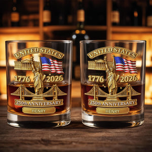 United States 250th Anniversary With Statue Of Liberty And American Flag - Personalized Custom Whiskey Glass - INDE214_RWG
