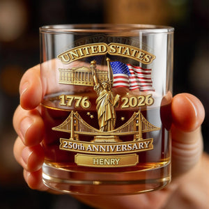 United States 250th Anniversary With Statue Of Liberty And American Flag - Personalized Custom Whiskey Glass - INDE214_RWG