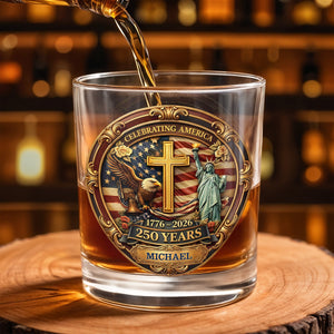 Celebrating America With Eagle Cross And Statue of Liberty Patriotic Design - Personalized Custom Whiskey Glass - INDE216_RWG