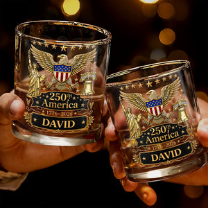 250th America Patriotic Eagle With Statue Of Liberty And Bell - Personalized Custom Whiskey Glass - INDE399_RWG