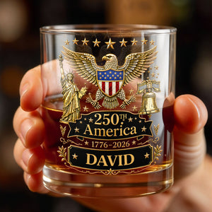 250th America Patriotic Eagle With Statue Of Liberty And Bell - Personalized Custom Whiskey Glass - INDE399_RWG
