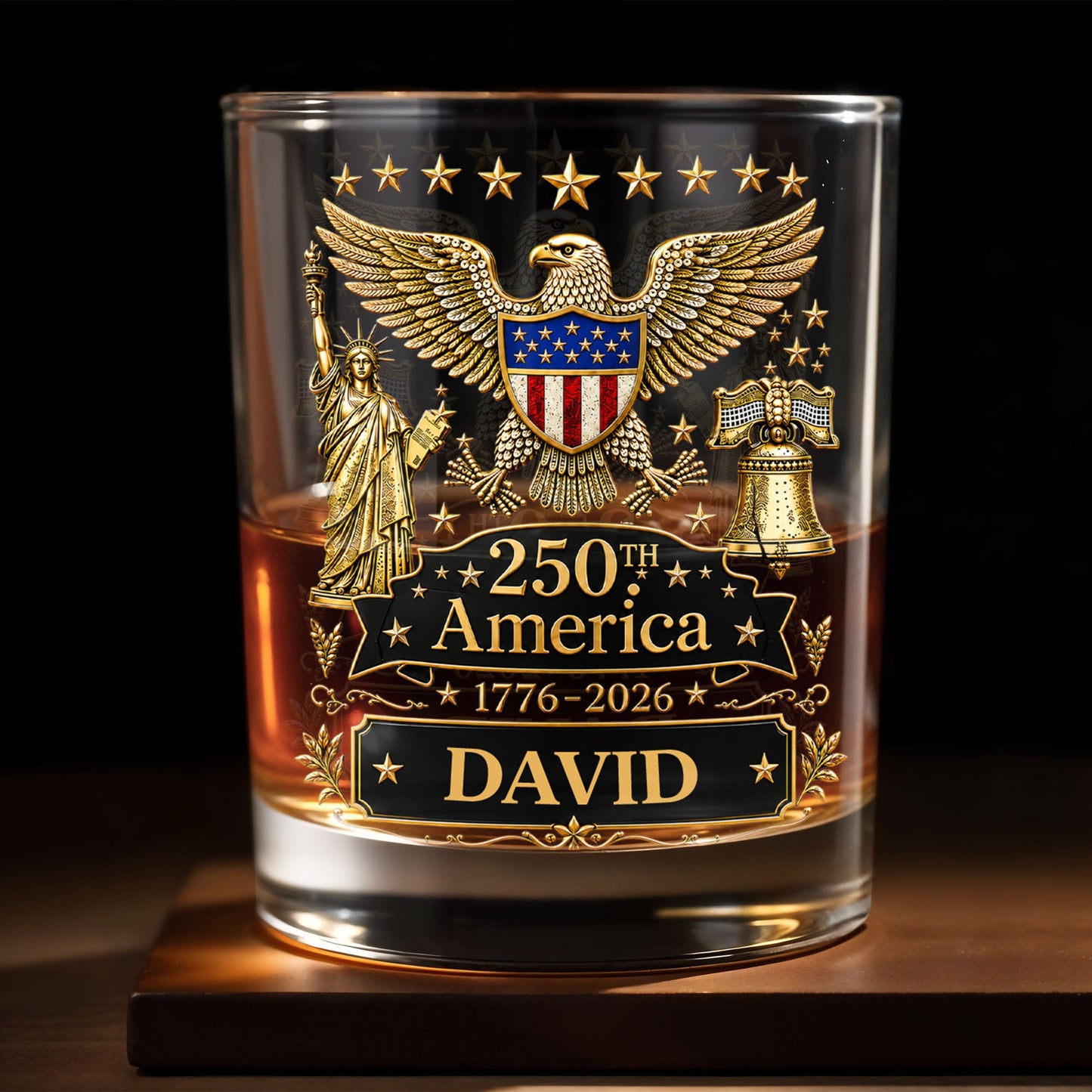 250th America Patriotic Eagle With Statue Of Liberty And Bell - Personalized Custom Whiskey Glass - INDE399_RWG