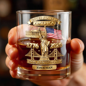United States Of America 250th Anniversary With Statue Of Liberty And American Flag - Personalized Custom Whiskey Glass - INDE414_RWG