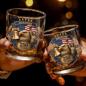 Semiquincentennial Celebrating American Independence With Bald Eagle And Statue Of Liberty - Personalized Custom Whiskey Glass - INDE460_RWG