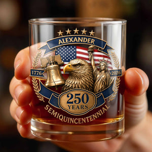 Semiquincentennial Celebrating American Independence With Bald Eagle And Statue Of Liberty - Personalized Custom Whiskey Glass - INDE460_RWG