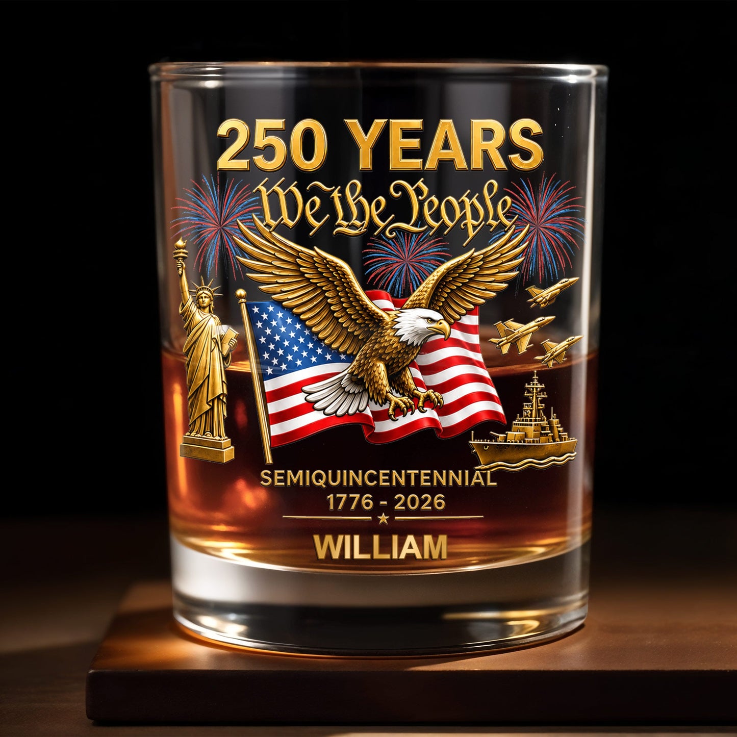 Semiquincentennial We The People Eagle And USA Flag With Fireworks - Personalized Custom Whiskey Glass - INDE461_RWG