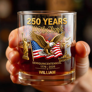 Semiquincentennial We The People Eagle And USA Flag With Fireworks - Personalized Custom Whiskey Glass - INDE461_RWG