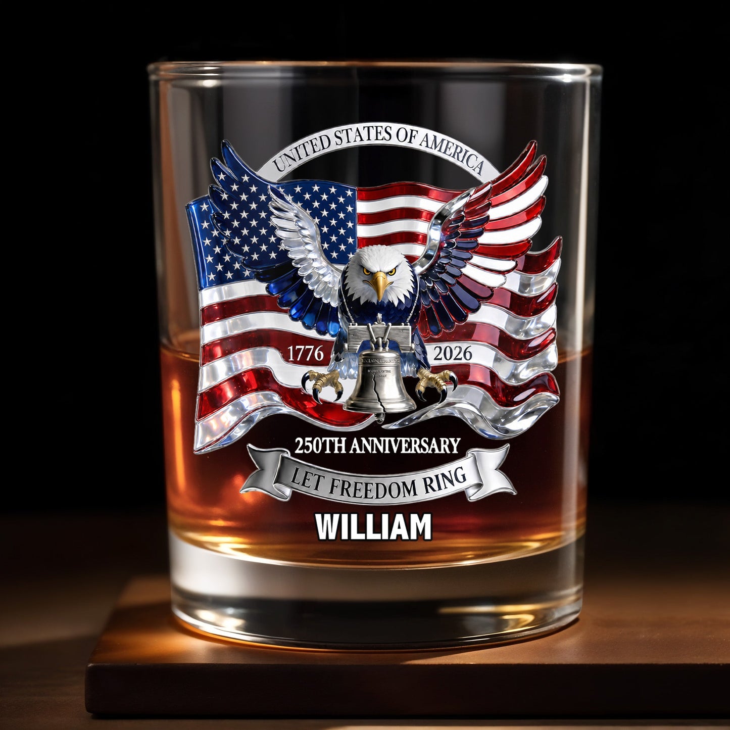 United States Of America 250th Anniversary Let Freedom Ring Eagle Flag - Personalized Custom Whiskey Glass - INDE505_RWG