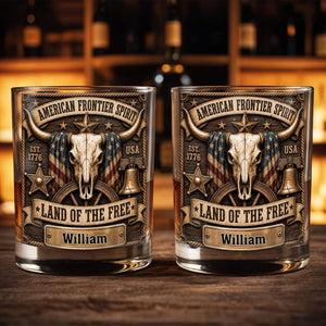 American Frontier Spirit Land Of The Free With Steer Skull And Flag - Personalized Custom Whiskey Glass - INDE535_RWG