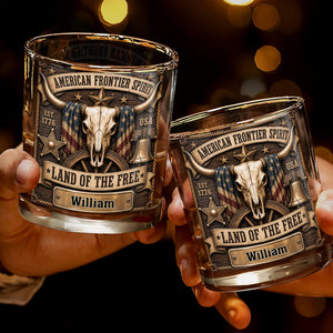 American Frontier Spirit Land Of The Free With Steer Skull And Flag - Personalized Custom Whiskey Glass - INDE535_RWG