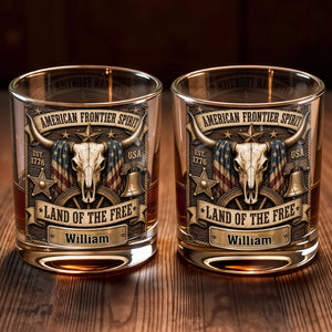 American Frontier Spirit Land Of The Free With Steer Skull And Flag - Personalized Custom Whiskey Glass - INDE535_RWG